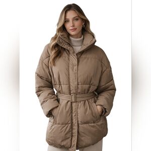 La Redoute Quilted Puffer Jacket | Belted | Neutral Taupe. Size US 6